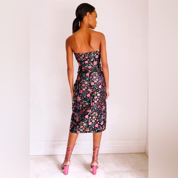 Lulus Make a Move Black Satin Floral Jacquard Strapless Midi Dress - Picture 5 of 8